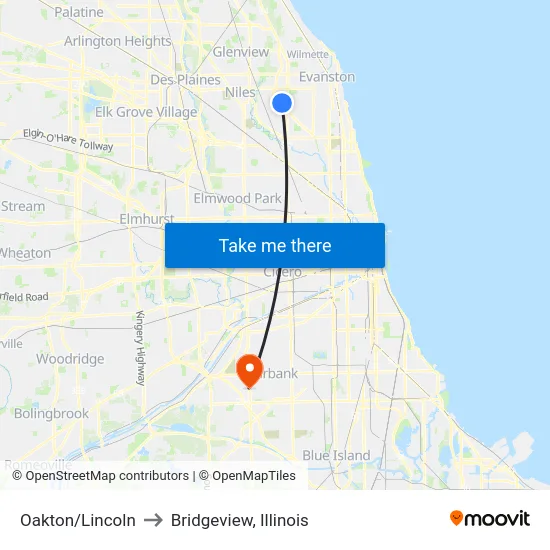 Oakton/Lincoln to Bridgeview, Illinois map