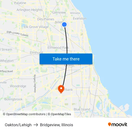Oakton/Lehigh to Bridgeview, Illinois map