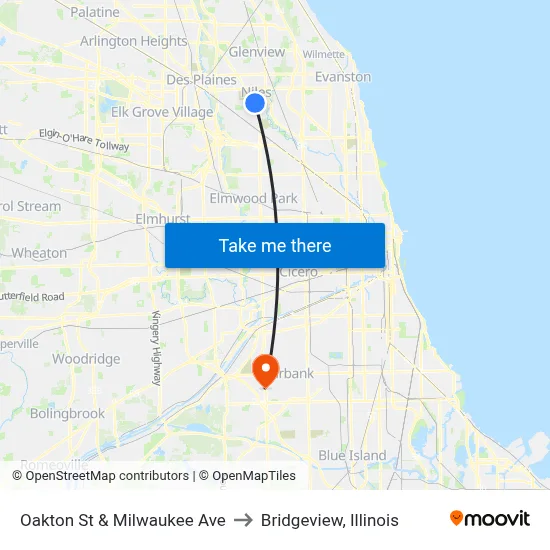 Oakton St & Milwaukee Ave to Bridgeview, Illinois map