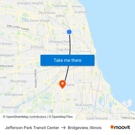 Jefferson Park Transit Center to Bridgeview, Illinois map