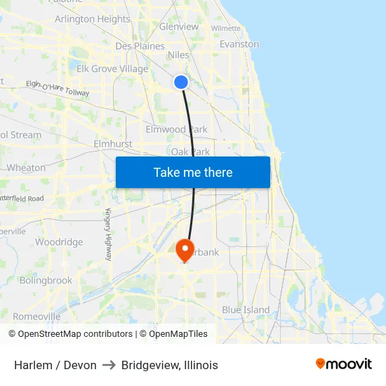 Harlem / Devon to Bridgeview, Illinois map
