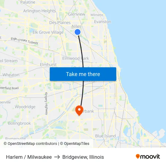 Harlem / Milwaukee to Bridgeview, Illinois map