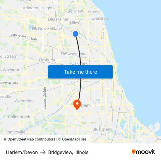 Harlem/Devon to Bridgeview, Illinois map