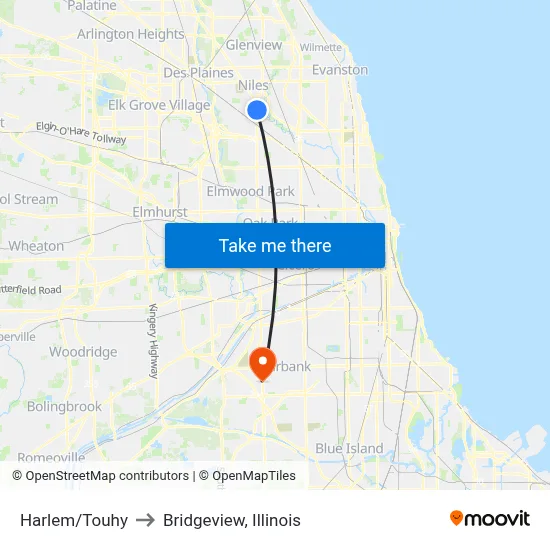 Harlem/Touhy to Bridgeview, Illinois map