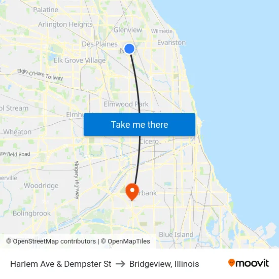 Harlem Ave & Dempster St to Bridgeview, Illinois map