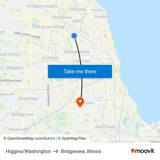 Higgins/Washington to Bridgeview, Illinois map
