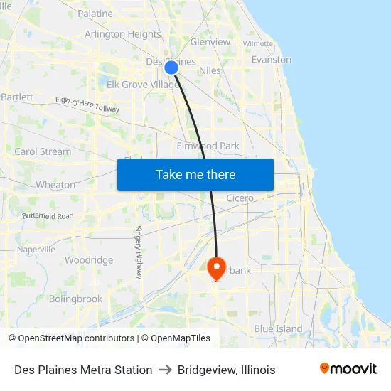 Des Plaines Metra Station to Bridgeview, Illinois map
