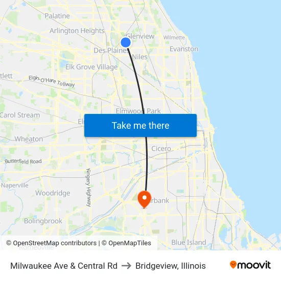 Milwaukee Ave & Central Rd to Bridgeview, Illinois map