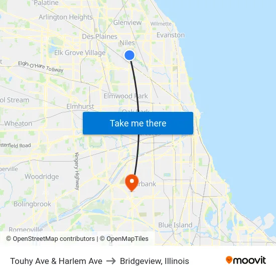 Touhy Ave & Harlem Ave to Bridgeview, Illinois map