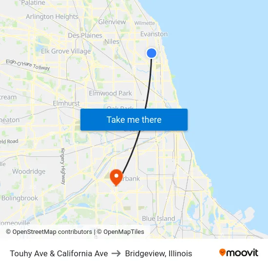 Touhy Ave & California Ave to Bridgeview, Illinois map