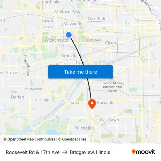 Roosevelt Rd & 17th Ave to Bridgeview, Illinois map