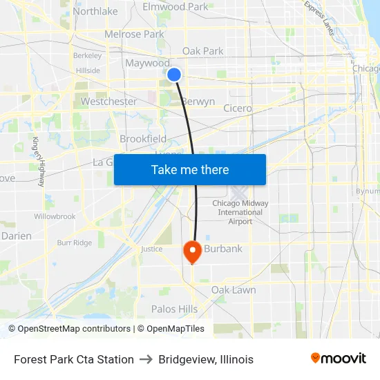 Forest Park Cta Station to Bridgeview, Illinois map