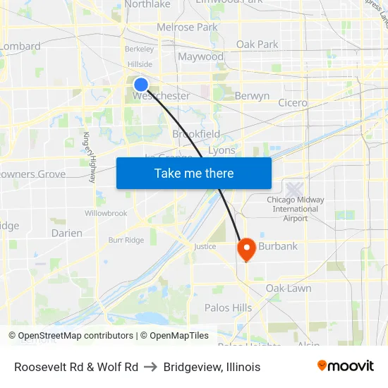 Roosevelt Rd & Wolf Rd to Bridgeview, Illinois map