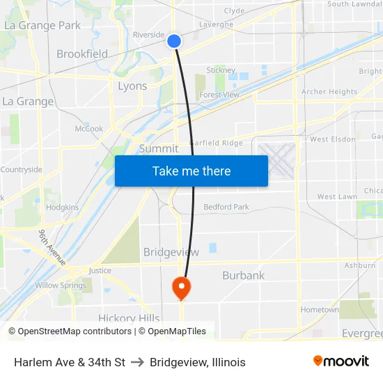 Harlem Ave & 34th St to Bridgeview, Illinois map