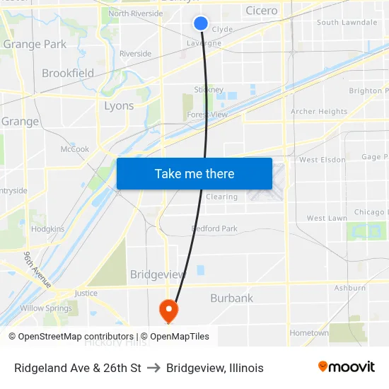Ridgeland Ave & 26th St to Bridgeview, Illinois map