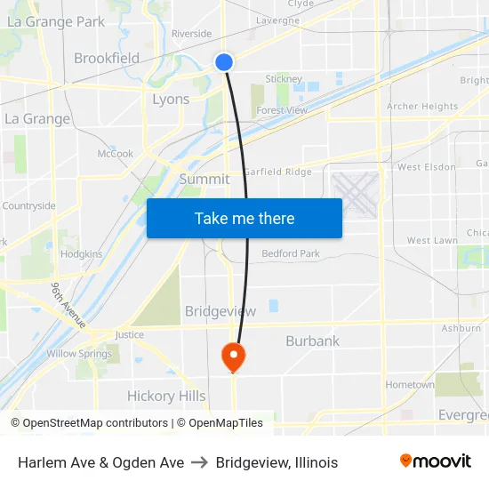 Harlem Ave & Ogden Ave to Bridgeview, Illinois map
