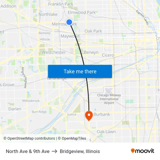 North Ave & 9th Ave to Bridgeview, Illinois map