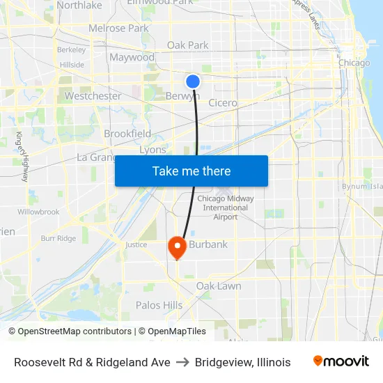 Roosevelt Rd & Ridgeland Ave to Bridgeview, Illinois map