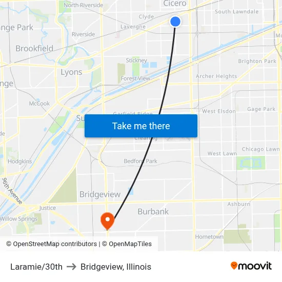 Laramie/30th to Bridgeview, Illinois map