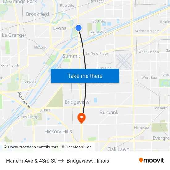 Harlem Ave & 43rd St to Bridgeview, Illinois map