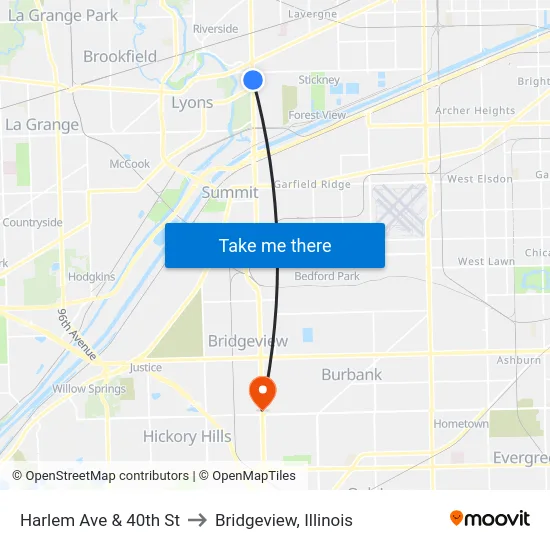 Harlem Ave & 40th St to Bridgeview, Illinois map