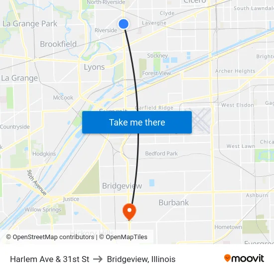 Harlem Ave & 31st St to Bridgeview, Illinois map
