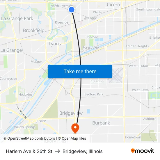 Harlem Ave & 26th St to Bridgeview, Illinois map