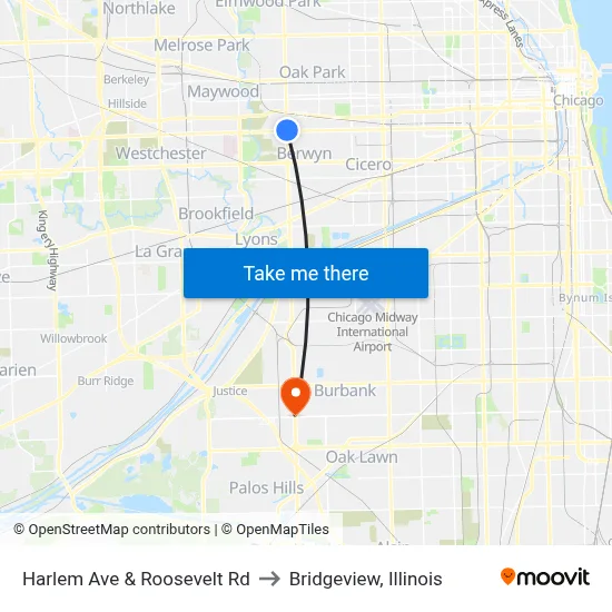 Harlem Ave & Roosevelt Rd to Bridgeview, Illinois map