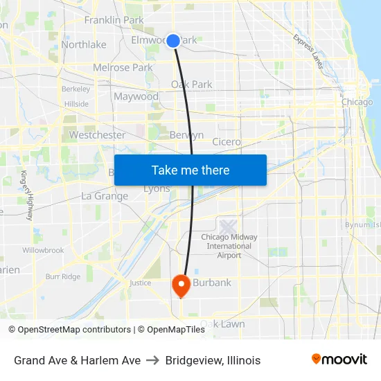 Grand Ave & Harlem Ave to Bridgeview, Illinois map
