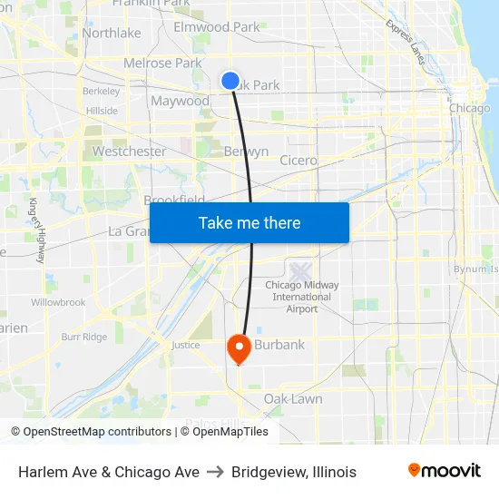 Harlem Ave & Chicago Ave to Bridgeview, Illinois map
