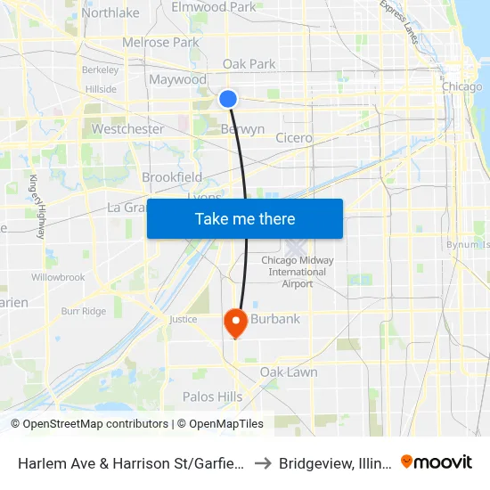 Harlem Ave & Harrison St/Garfield St to Bridgeview, Illinois map