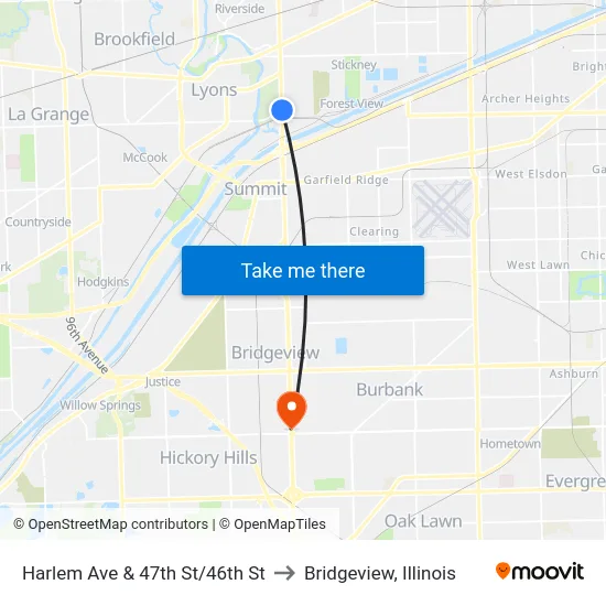 Harlem Ave & 47th St/46th St to Bridgeview, Illinois map