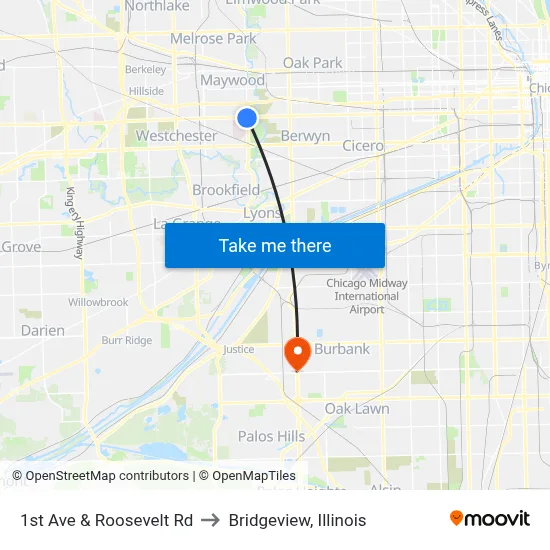 1st Ave & Roosevelt Rd to Bridgeview, Illinois map
