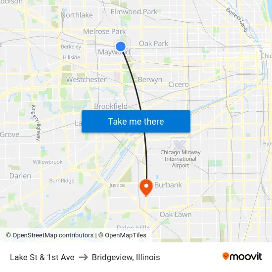 Lake St & 1st Ave to Bridgeview, Illinois map