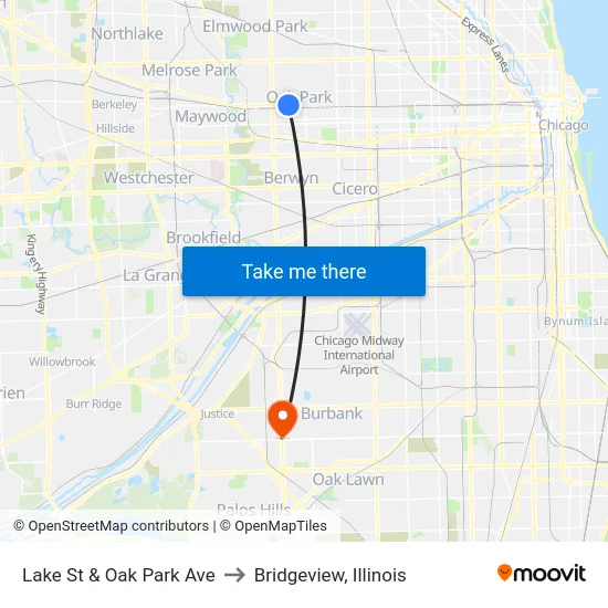 Lake St & Oak Park Ave to Bridgeview, Illinois map
