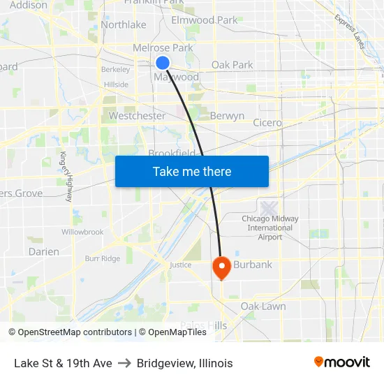 Lake St & 19th Ave to Bridgeview, Illinois map