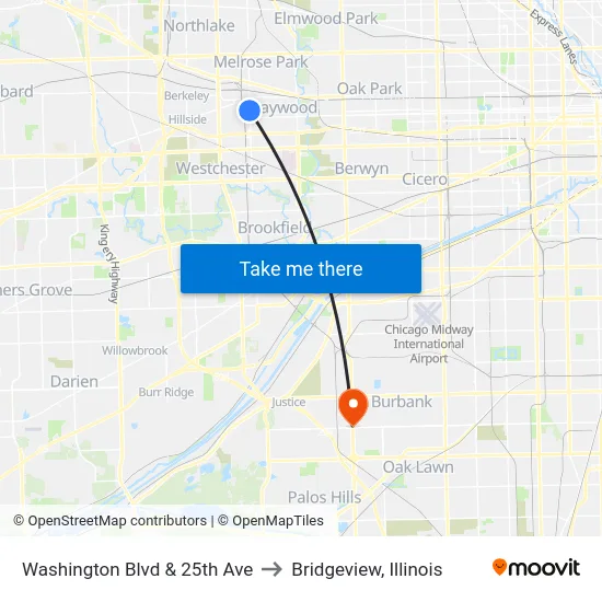 Washington Blvd & 25th Ave to Bridgeview, Illinois map