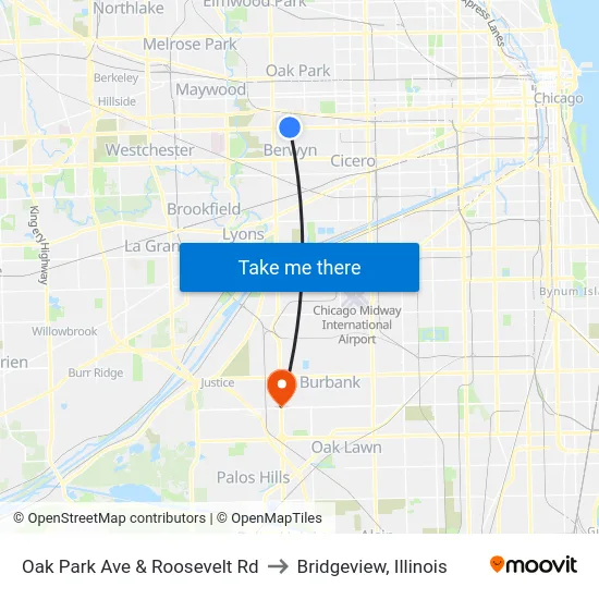 Oak Park Ave & Roosevelt Rd to Bridgeview, Illinois map