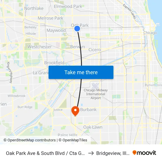 Oak Park Ave & South Blvd / Cta Green Line to Bridgeview, Illinois map