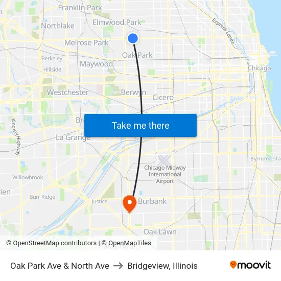 Oak Park Ave & North Ave to Bridgeview, Illinois map
