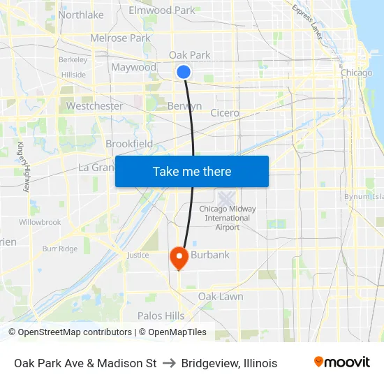 Oak Park Ave & Madison St to Bridgeview, Illinois map