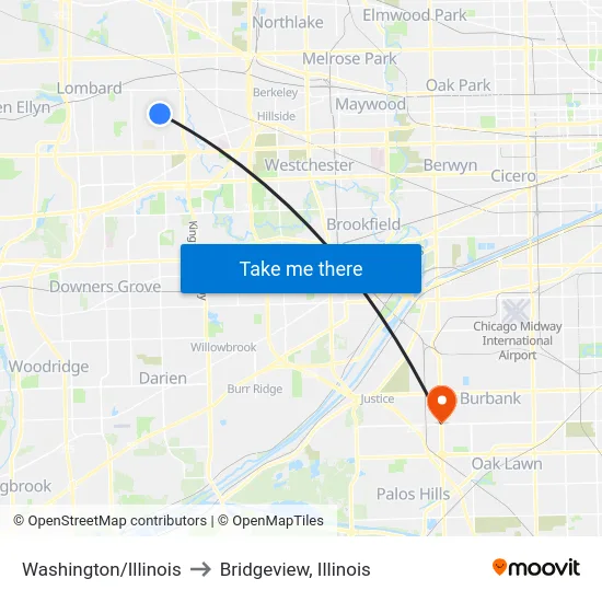 Washington/Illinois to Bridgeview, Illinois map