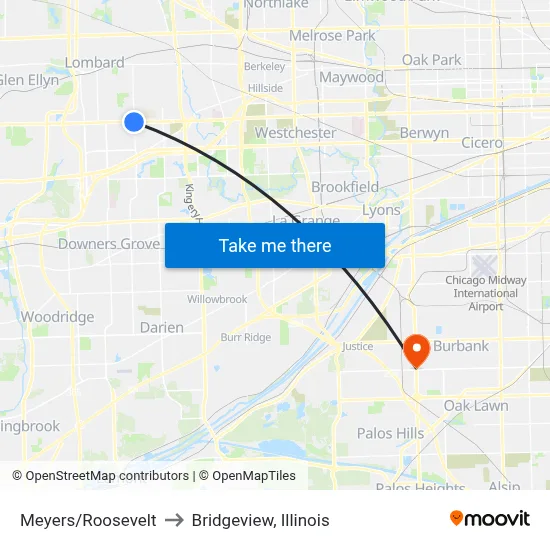 Meyers/Roosevelt to Bridgeview, Illinois map