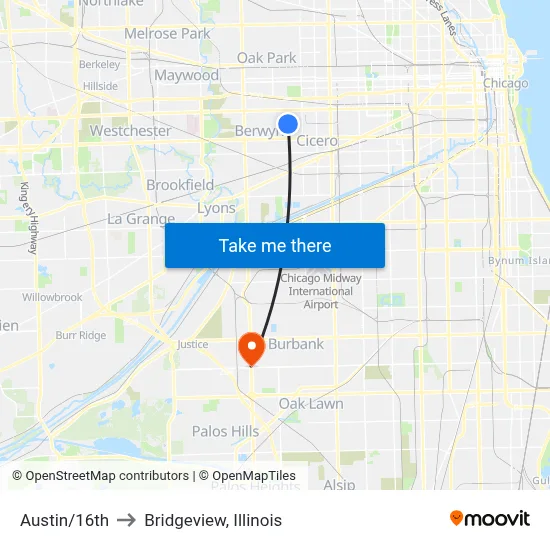 Austin/16th to Bridgeview, Illinois map