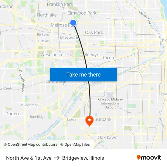 North Ave & 1st Ave to Bridgeview, Illinois map