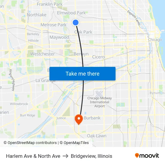 Harlem Ave & North Ave to Bridgeview, Illinois map