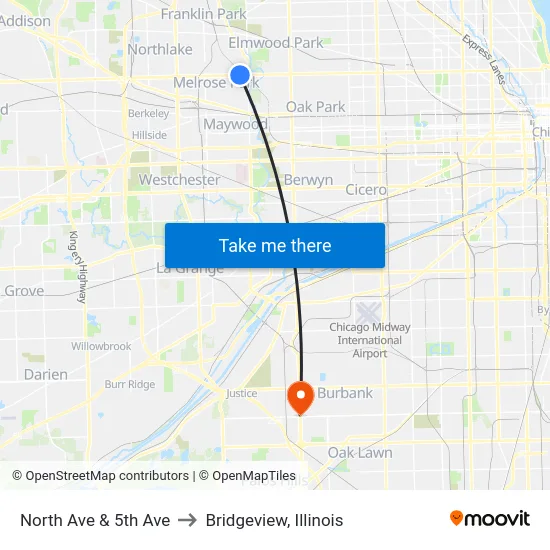 North Ave & 5th Ave to Bridgeview, Illinois map