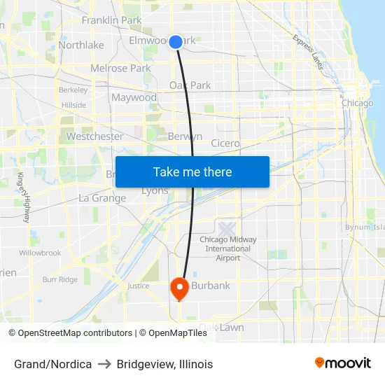 Grand/Nordica to Bridgeview, Illinois map