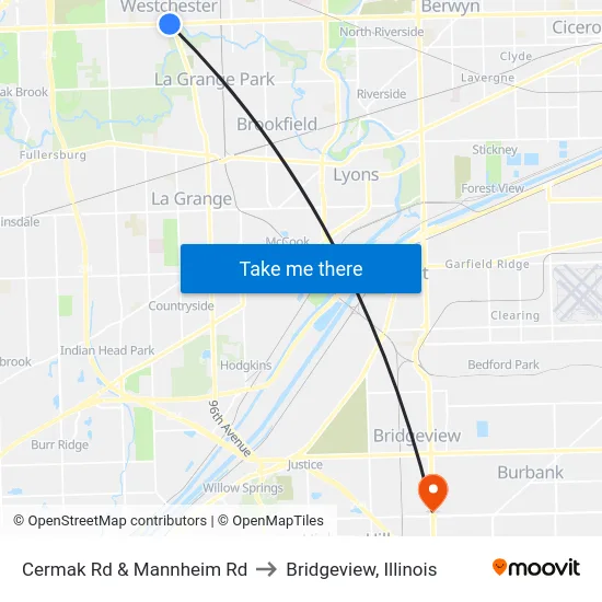 Cermak Rd & Mannheim Rd to Bridgeview, Illinois map