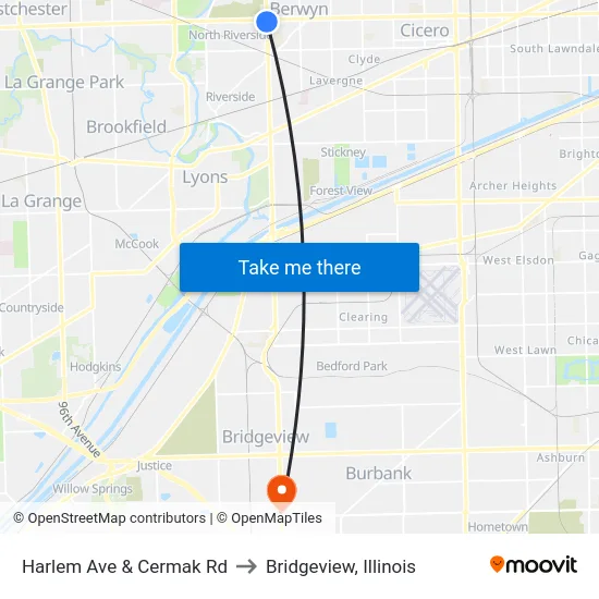 Harlem Ave & Cermak Rd to Bridgeview, Illinois map